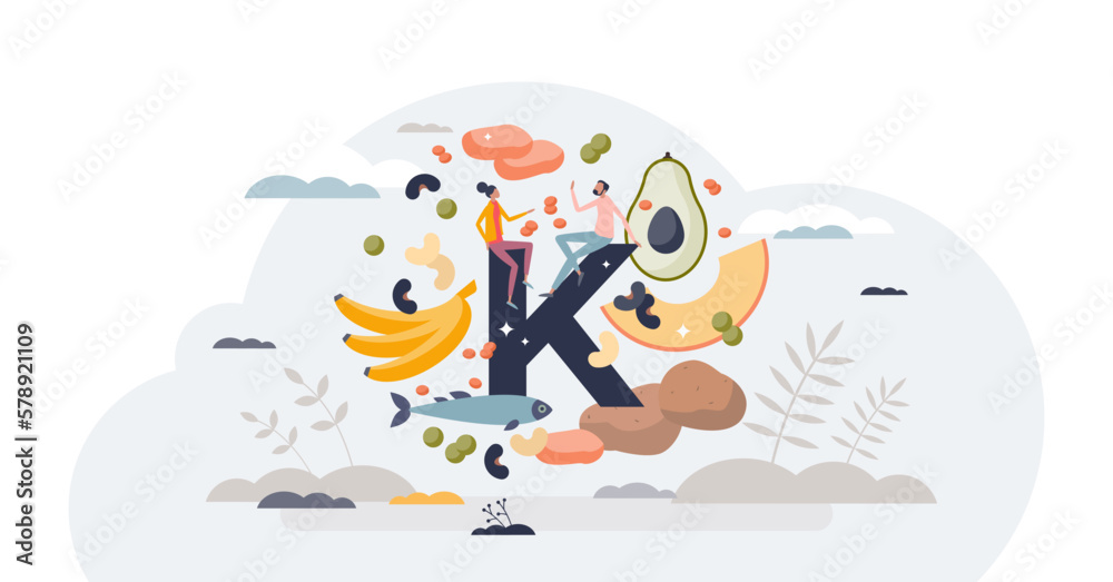 Potassium in food as natural mineral source for health tiny person concept, transparent background. Healthy eating with organic nutrients and vitamins illustration. Nutrition rich diet.