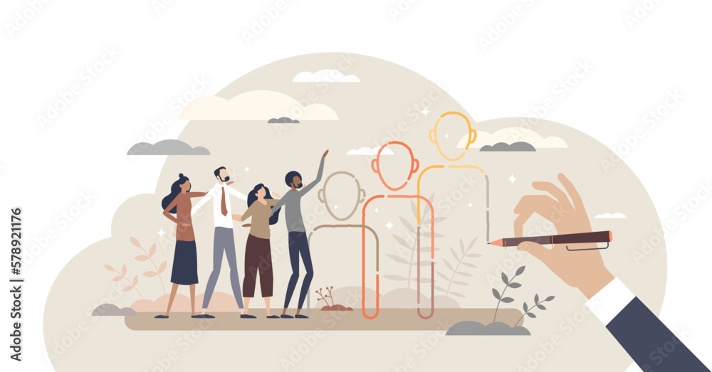 Social connection and business person group communication tiny person concept, transparent background. Friends, employees and colleagues standing together in unity illustration.