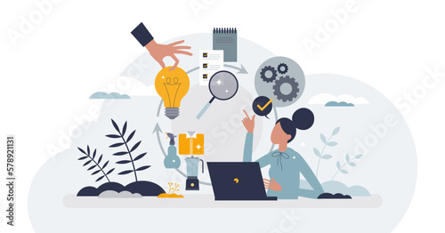 Product management occupation and work to increase profit tiny person concept, transparent background. Sales job with efficient brand recognition.