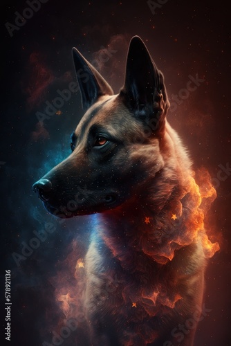 Beautiful Artistic Spiraling Galaxies Star and Iridescent Nebulae in Intricate Detail, Forming Shape of a Belgian Malinois dog Animal in Space with Smoke Misty Background (generative AI)