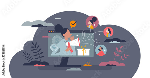 Referral customer with product recommendation to others tiny person concept, transparent background.Spreading positive feedback over social media sites illustration.