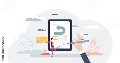 Return policy and send package back to get money refund tiny person concept, transparent background.Shopping purchase compensation after customer guarantee terms illustration.