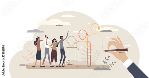 Social connection and business person group communication tiny person concept, transparent background. Friends, employees and colleagues standing together in unity illustration.