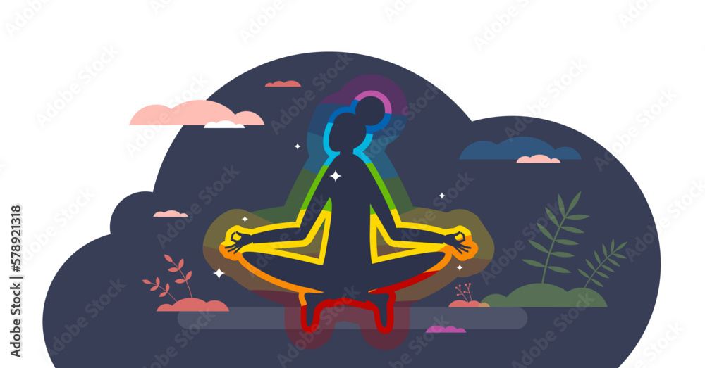 Aura energy and spiritual meditation with glowing light tiny person concept, transparent background. Yoga therapy with astral relaxation and esoteric power belief illustration. - obrazy, fototapety, plakaty 