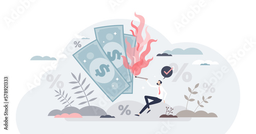 Burn rate and new company negative financial cash flow tiny person concept, transparent background. Percentage calculation of spending venture capital to finance overhead illustration.