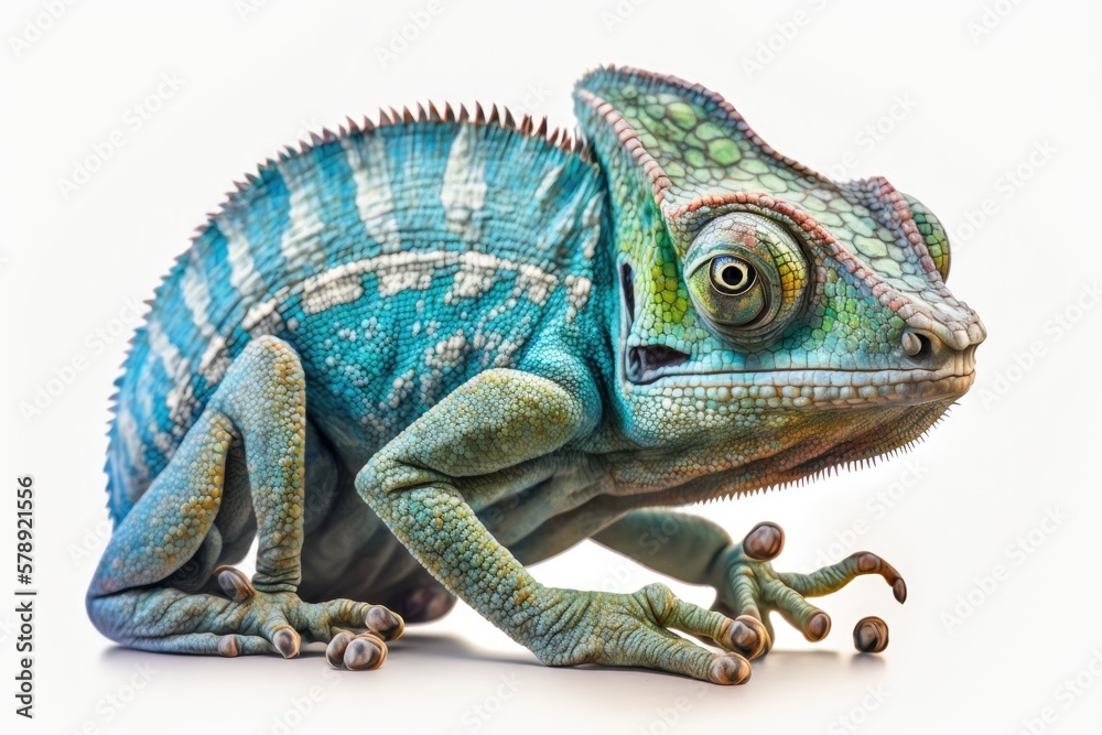 Obraz premium Crouching chameleon on a white backdrop. Generative AI