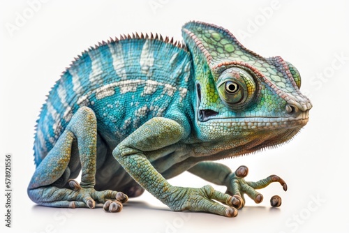 Crouching chameleon on a white backdrop. Generative AI