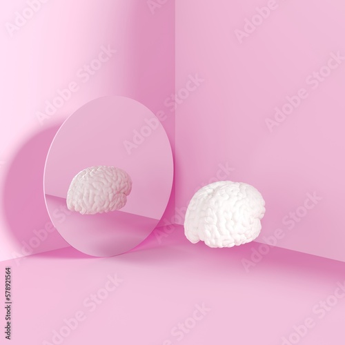 Brain on Reflection mirror put on pink corner isolate room studio. 3D Rendering minimal concept idea.  © HappyAprilBoy