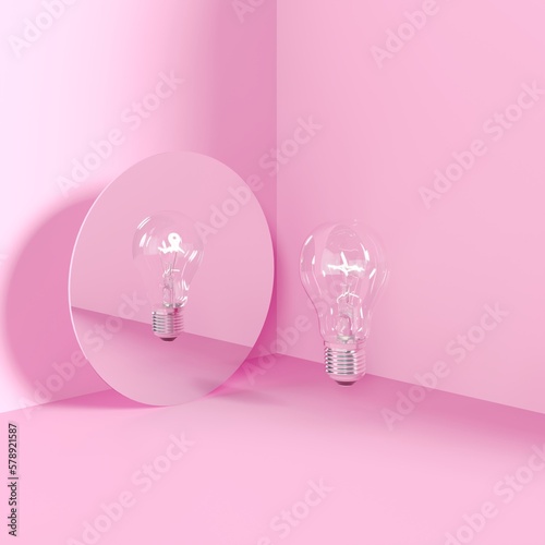 Lighting bulb idea concept reflection on mirror put on pink color corner isolate room studio. 3D Rendering minimal concept idea. © HappyAprilBoy