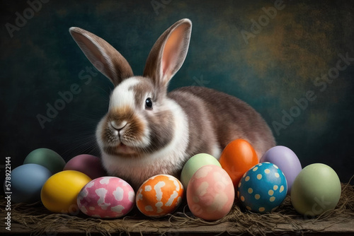 Happy Easter bunny with colorful easter eggs. Generative AI