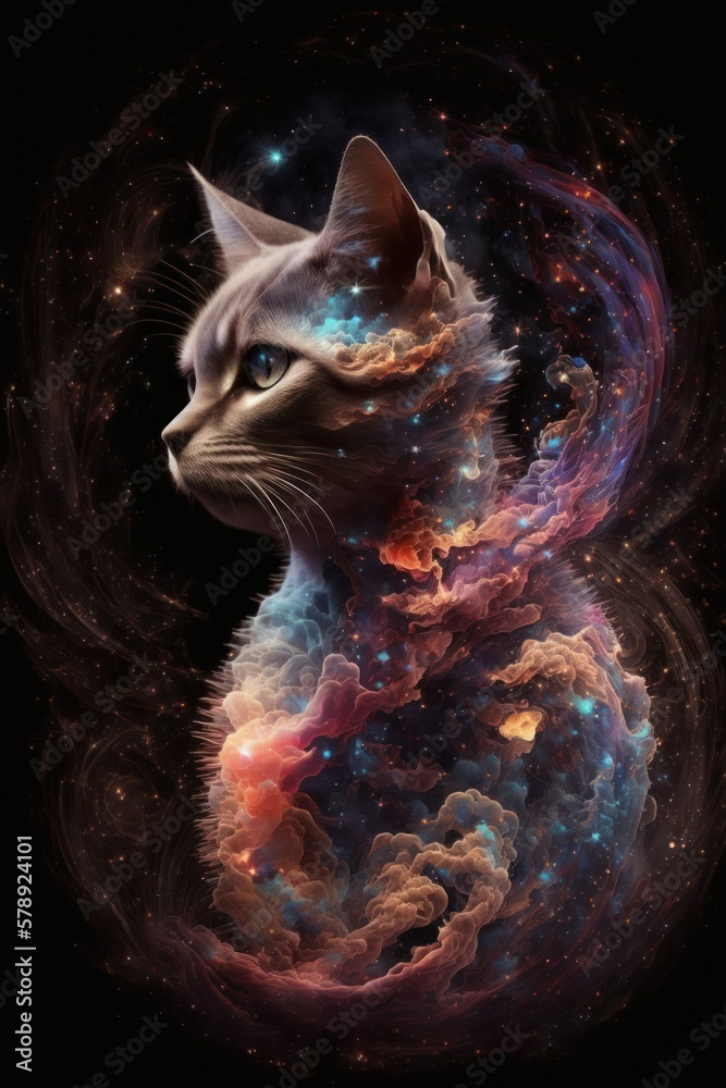 Beautiful Artistic Spiraling Galaxies Star and Iridescent Nebulae in Intricate Detail, Forming Shape of a Siamese cat Animal in Space with Smoke Misty Background (generative AI)