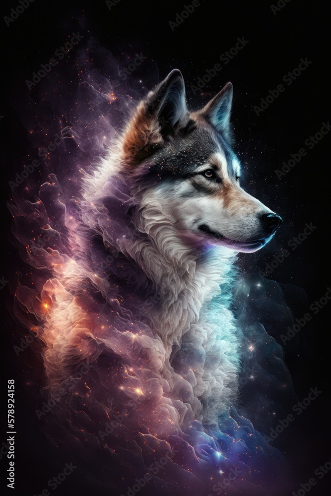 Beautiful Artistic Spiraling Galaxies Star and Iridescent Nebulae in Intricate Detail, Forming Shape of a Siberian Husky dog Animal in Space with Smoke Misty Background (generative AI)