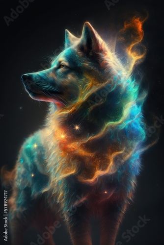 Beautiful Artistic Spiraling Galaxies Star and Iridescent Nebulae in Intricate Detail, Forming Shape of a Alaskan Malamute dog Animal in Space with Smoke Misty Background (generative AI)
