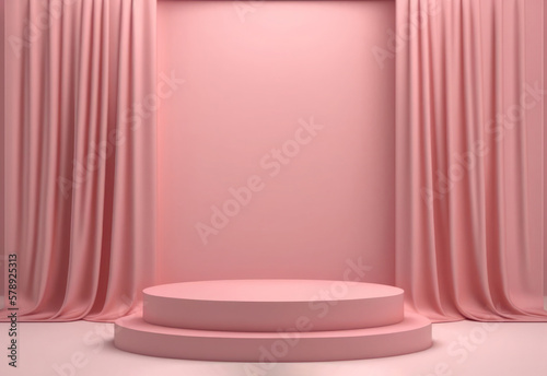 Empty pink podium with curtains for product display. Generative AI