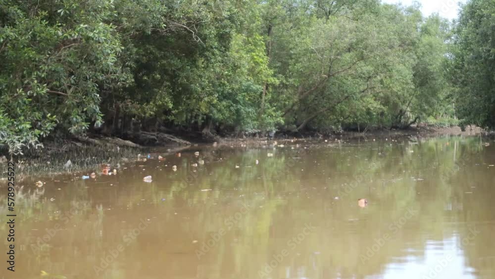 Plastic waste on river water in mangrove forest area at Tarakan, Indonesia Plastic waste on river water in mangrove forest area at Tarakan, Indonesia