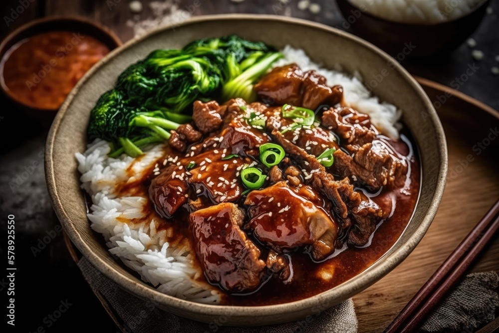 Taiwanese braised pork over steamed rice, served up up and personal. Famous Taiwanese street food that has stood the test of time. Generative AI Taiwanese braised pork over steamed rice, served up up and personal. Famous Taiwanese street food that has stood the test of time. Generative AI