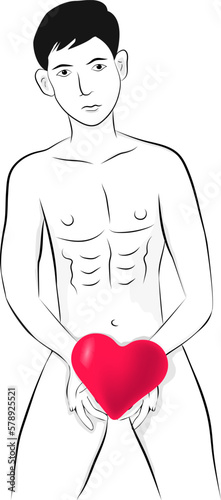 Vector of a man holding a love shape in front of his secret part of the body. Man hiding secret part of body by a heart shape, love sign. Line art of young man naked body 