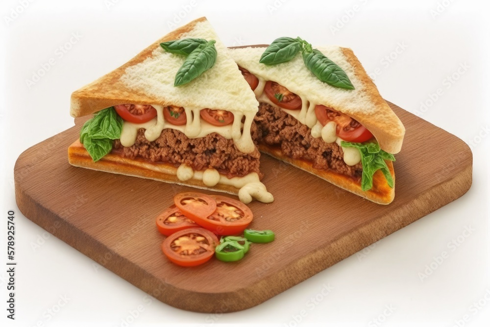 On a white background, a typical sandwich made of ground meat, vegetables, and cheese is displayed on a wooden board topped with tomato sauce. Generative AI On a white background, a typical sandwich made of ground meat, vegetables, and cheese is displayed on a wooden board topped with tomato sauce. Generative AI
