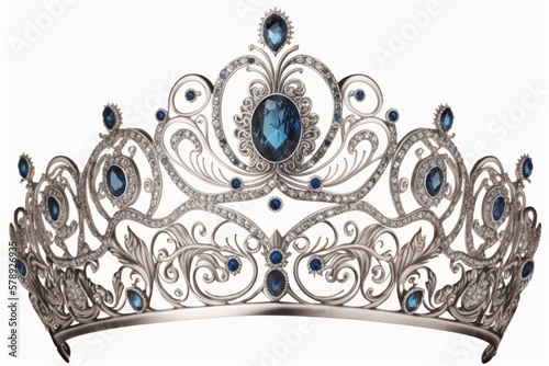 Crowned with diamonds and blue sapphires, this silver tiara is fit for a queen or the winner of a beauty pageant. It is shown here isolated on white with a clipping path cutout. Generative AI