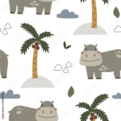 Seamless pattern with cute hippos surrounded by tropical plants. Vector illustration isolated on white background for your design
