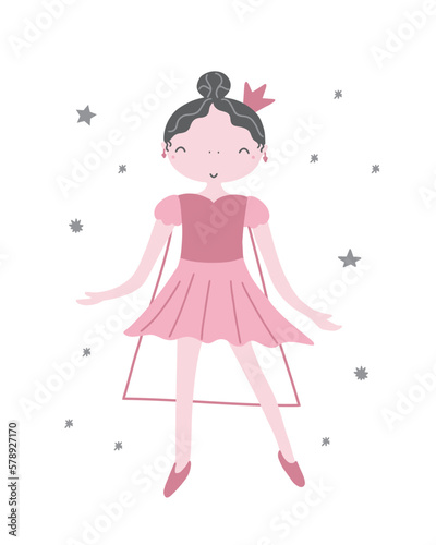 Children's illustration with a cute princess, hand drawn. Vector illustration for prints, postcards, clothes.
