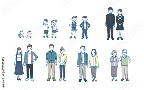 様々な年齢層の人物、男女のイラストセット
