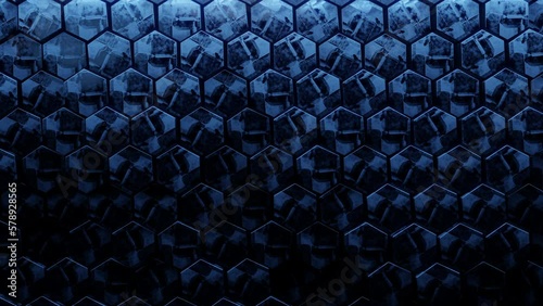 Hexagon background. 3d render. Abstract blue Hexagonal pattern. Random motion. Seamless loop