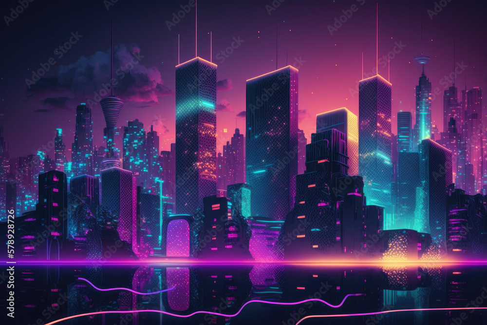 Smart city and big data concept.Futuristic cityscape at night. Generative AI 