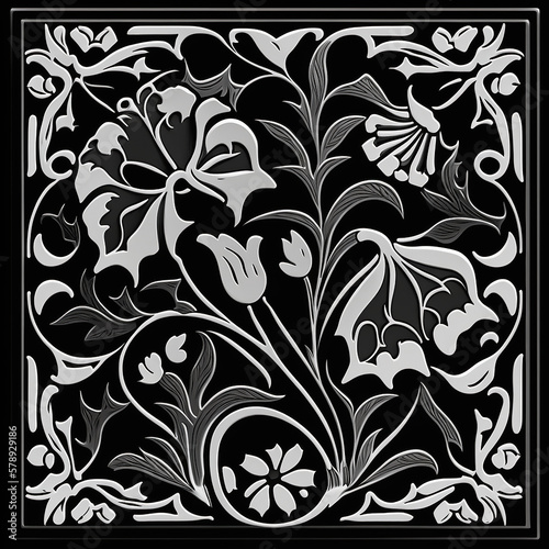 Wallpaper Mural Tile in the style of the arts and crafts movement with stylized  flowers in black and white.  Generative AI. Torontodigital.ca