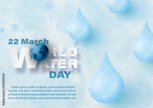 Giant water droplet in watercolors style with world water day letters in paper cut style, example texts on paper pattern and blue watercolors style. Poster's campaign of water day in vector design.