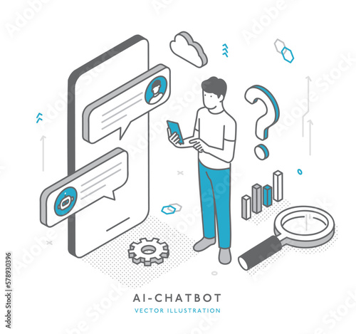 AIチャットサービスを利用して調べ物をする男性のイメージイラスト