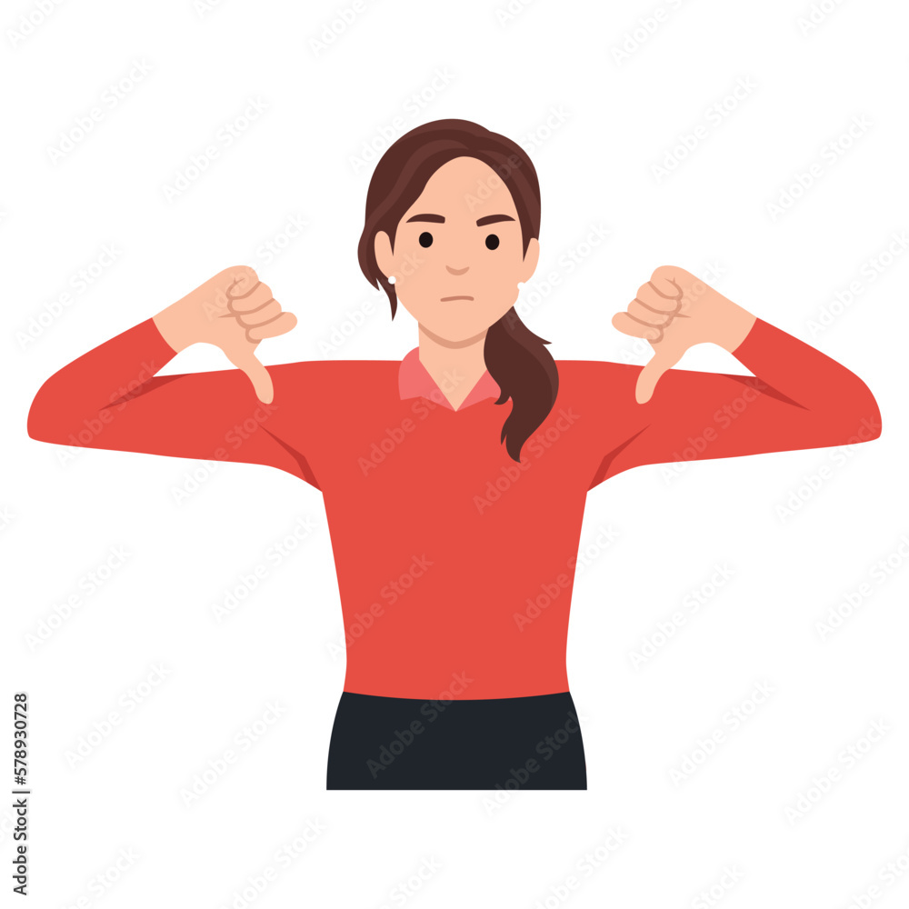 Unhappy young woman show thumb down dissatisfied with bad quality service. Upset distressed female demonstrate dislike and disapproval Unhappy young woman show thumb down dissatisfied with bad quality service. Upset distressed female demonstrate dislike and disapproval