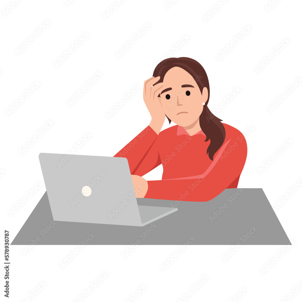 Tired office worker.Professional burnout syndrome.Sad, unhappy woman at workplace with paper document piles vector illustration. Deadline concept Tired office worker.Professional burnout syndrome.Sad, unhappy woman at workplace with paper document piles vector illustration. Deadline concept