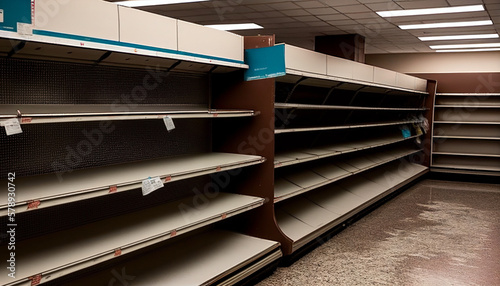 Food shelf shortage with empty shelving crisis in a grocery store created with Generative AI