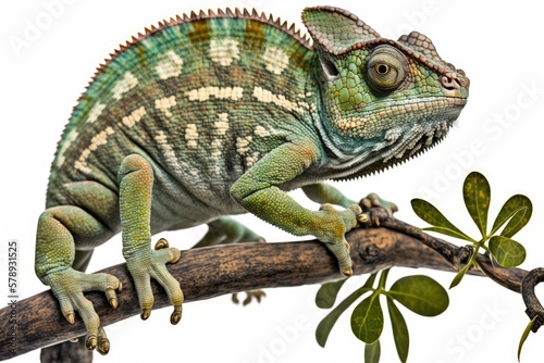 Image of a chameleon, Chamaeleo chameleon, perched on a branch against a white background. Generative AI © 2rogan