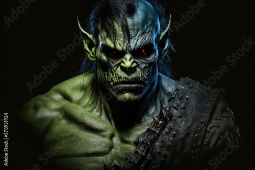 green orc from a fantasy world, set against a black background. The darkness around him makes him appear threatening. model. Generative AI