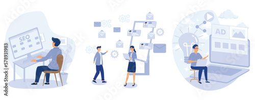 Digital marketing services , SEO specialist work on website optimization, e-mail marketing, sending newsletter, content ads creation, set flat vector modern illustration  