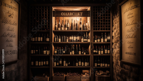 Classic wine with luxury, photography, A panoramic shot of a wine cellar with vintage bottles arranged on wooden shelves Generative AI