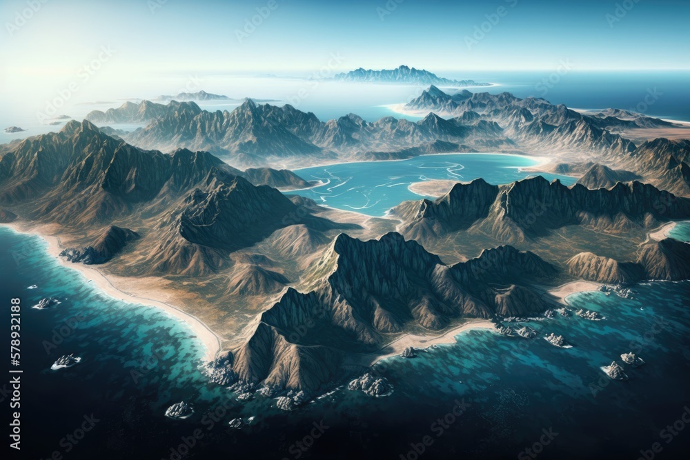 Stunning aerial panorama of the Pacific Ocean and the Rocky Mountains. Generative AI