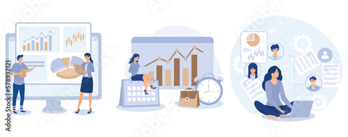 Business management concept, Innovation management software, time and attendance tracking system, HR software, working time tracker, payroll system, set flat vector modern illustration 