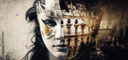 Woman wearing Venetian masquerade mask, different side of dissociative split personality, hidden secret revealed, double exposure motion blurred, dark persona, alter self beauty art - generative AI. photo
