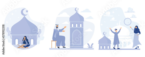 Ramadan night, ramadan mubarak, Activity of fasting people, set flat vector modern illustration 