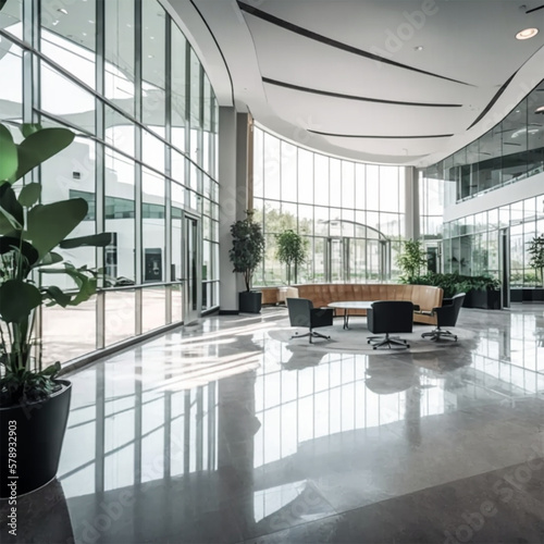 a beautiful office building lobby with sleek modern design and large windows
