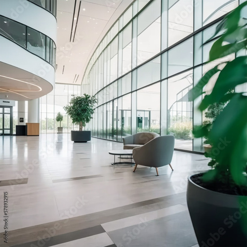 a beautiful office building lobby with sleek modern design and large windows