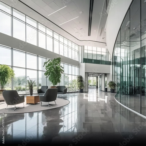 a beautiful office building lobby with sleek modern design and large windows