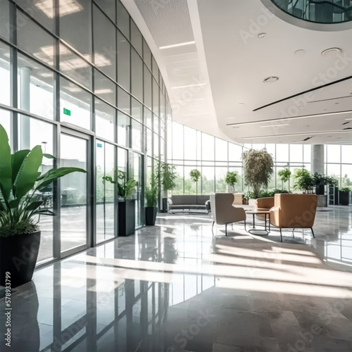 a beautiful office building lobby with sleek modern design and large windows --v 4 -, a beautiful office building lobby with sleek modern design and large windows shallow depth of field to emphasize t © Miracle