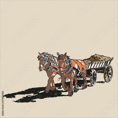 Illustration graphic of 2 horses carrying a cart full of grass.
Suitable design for creative art design, printing picture, logo, t-shirt design, postcard etc