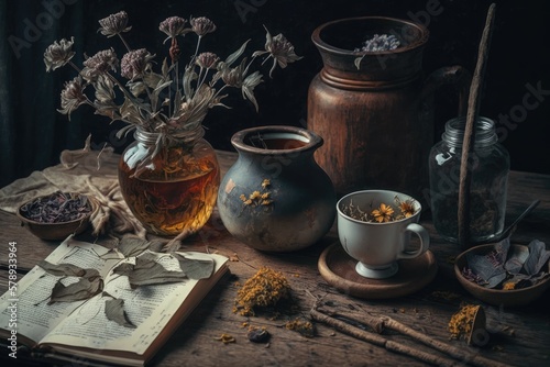 Topic of alternative medicine. Cups of tea and dried flowers and herbs. Old fashioned wooden desk. Generative AI