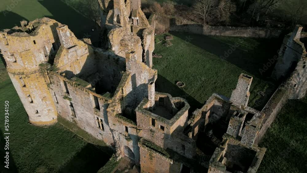 Ruins of Chateau du Bois Thibault castle, Lassay-les-Chateaux, Pays de la Loire, France. Aerial top-down backward Ruins of Chateau du Bois Thibault castle, Lassay-les-Chateaux, Pays de la Loire, France. Aerial top-down backward