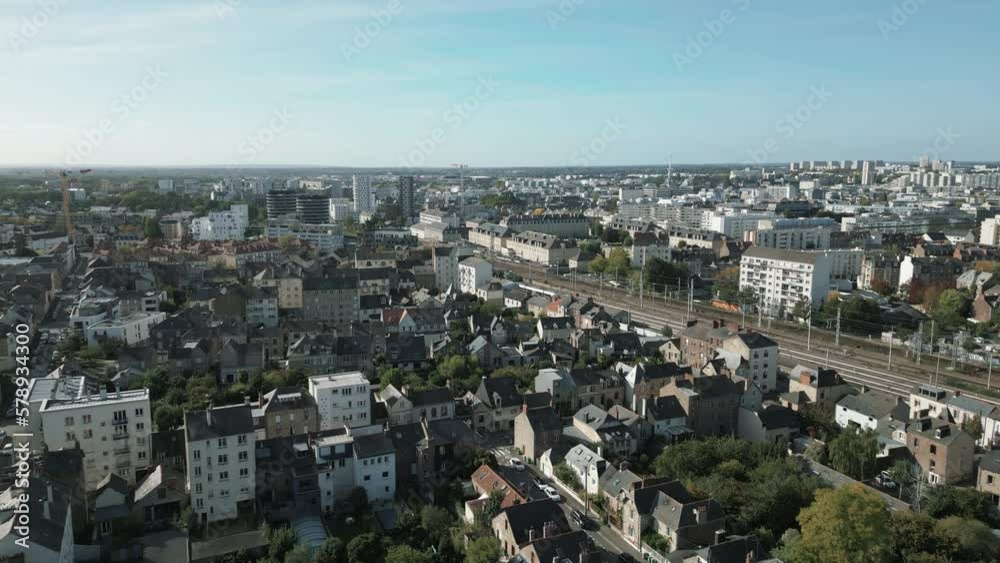 Railroad at Rennes city, Colombier district. France. Aerial forward and sky for copy space Railroad at Rennes city, Colombier district. France. Aerial forward and sky for copy space